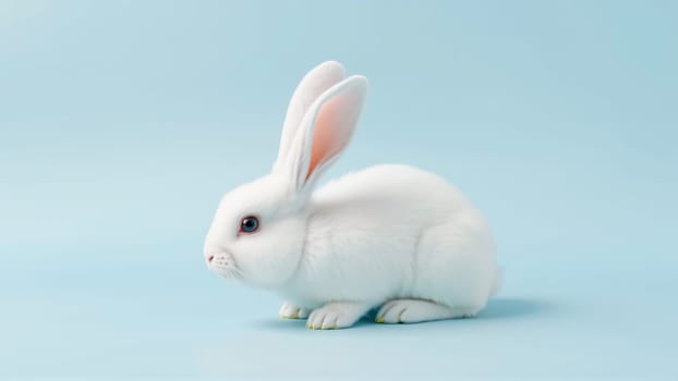 Cute white rabbit on isolated blue background. High quality photo