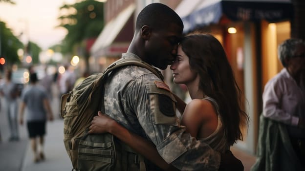 Soldier hugging his beloved woman. High quality photo