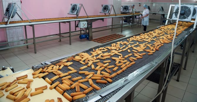 In a confectionery factory, a busy cookie production line features trays of freshly baked cookies cooling as workers monitor the process, ensuring quality.