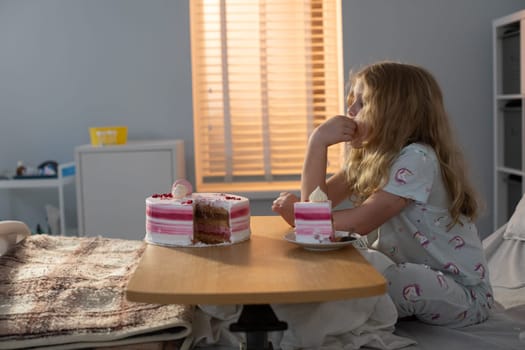 In a quiet hospital room, a young girl is sitting pensively, contemplating life as she gazes at her dessert