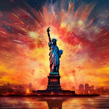 A huge statue against the backdrop of sunset and festive fireworks. High quality photo