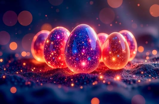 Abstract surreal glowing mystical easter eggs on space style background.