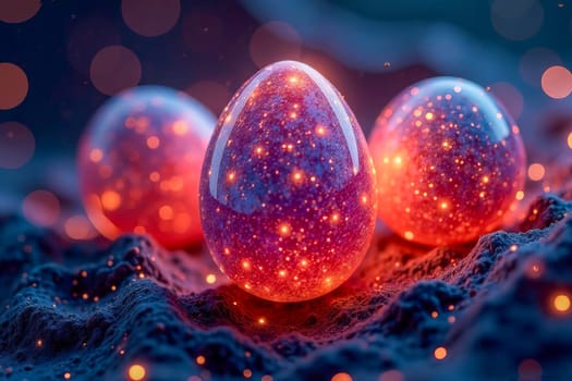 Abstract surreal glowing mystical easter eggs on space style background.