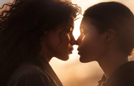 Silhouettes of two women in love looking at each other tenderly. High quality photo