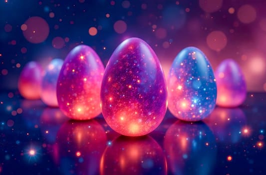Abstract surreal glowing mystical easter eggs on space style background.