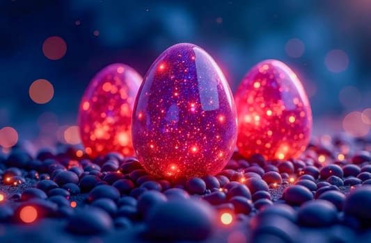 Abstract surreal glowing mystical easter eggs on space style background.