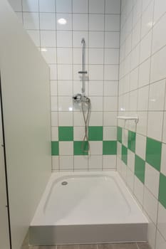 A contemporary shower area that showcases stunning green and white tiles, ideal for modern and sleek bathroom designs