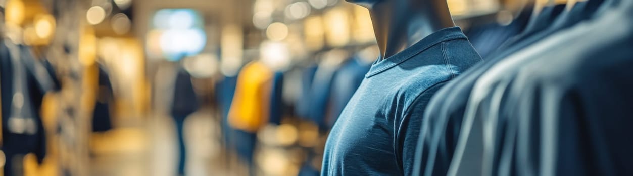 Men's clothing store. T-shirt display case against the backdrop of a men's clothing boutique. High quality photo