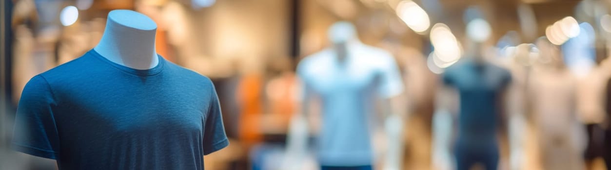 Men's clothing store. T-shirt display case against the backdrop of a men's clothing boutique. High quality photo