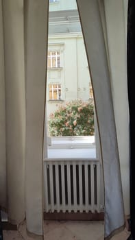 Window curtain view house hotel apartment building architecture interior design decor room . High quality photo