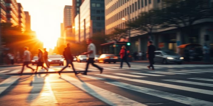 A lot of people walk along the pedestrian crossing during rush hour. High quality photo
