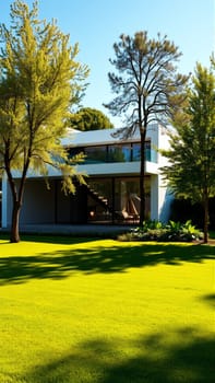 The modern individual residential house is surrounded by a well-groomed beautiful lawn. High quality photo
