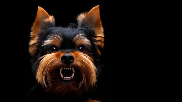 A Yorkshire Terrier displays a fierce expression, baring its teeth against a black background, capturing its playful yet intimidating nature - Generative AI