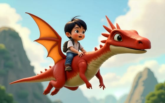 A young asian boy, dressed casually with a backpack, joyfully rides a vibrant red dragon soaring above lush green mountains under a clear blue sky - Generative AI