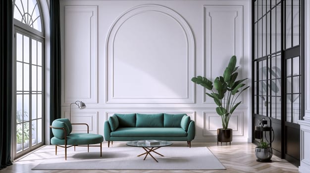 A stylish living room features a green sofa and armchair, with large windows letting in natural light and a potted plant enhancing the decor - Generative AI