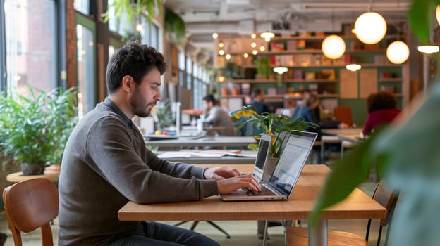 A man engages in focused work on his laptop at a bright, plant-filled workspace. Other individuals are seen collaborating in the background - Generative AI