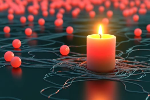 A serene candle emits a warm glow surrounded by floating red spheres on a dark surface, creating a tranquil and calming atmosphere perfect for relaxation.