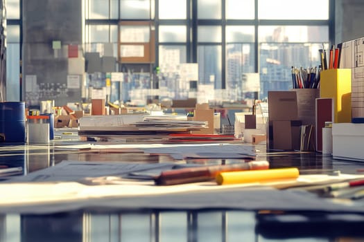 A vibrant creative workspace filled with papers, supplies, and tools, showcasing a dynamic environment for design and innovation, illuminated by natural light.