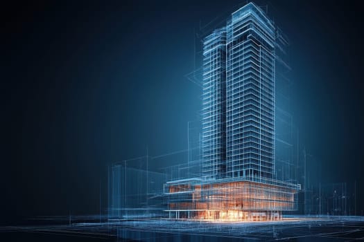 Dive into a futuristic architectural concept showcasing a glowing wireframe building. This stunning digital design blends technology with urban aesthetics.