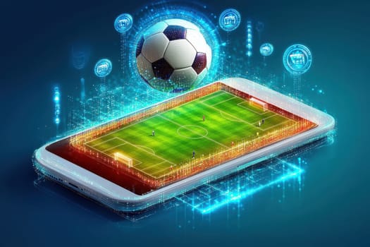 A vibrant digital illustration depicting a soccer game on a smartphone, highlighting technology and sports interaction with futuristic elements and motion.