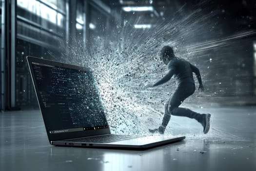 A captivating image of a child energetically running away from a laptop that bursts with digital sparkles and codes, symbolizing innovation and limitless imagination.