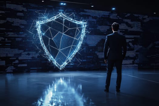 A businessman stands in a futuristic workspace, observing a glowing digital shield that represents cybersecurity protection and data safety in an advanced technological environment.