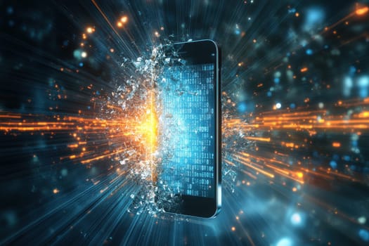 A stunning digital artwork depicting a smartphone amidst an explosion of data, representing modern technology and digital transformation in vivid colors and dynamic light.