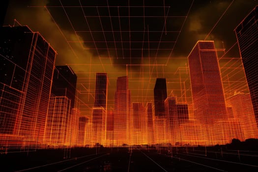 This image showcases a futuristic cityscape featuring skyscrapers illuminated by a neon grid overlay. The dramatic atmosphere adds depth and intrigue.