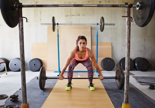 Beautiful woman in a private gym lifting weights in a focussed and serious manner.