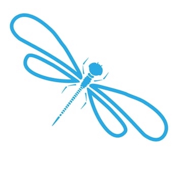 Dragonfly blue silhouette. Cartoon graphic illustration of damselfly isolated with light-blue and white wings. Sketch vector insect