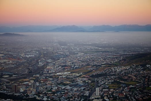 High angle view of a cityscape at dawn