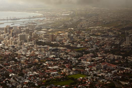 High angle view of a city with a harbour