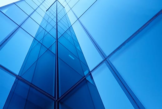 Abstract image of the facade of a modern high rise building covered in reflective plate glass