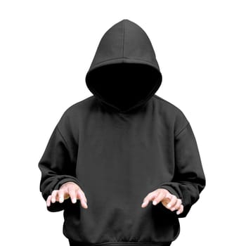 Man in hoodie typing something isolated over white background