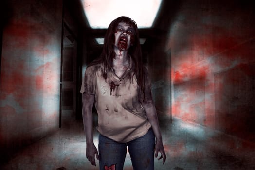Asian zombie woman walking in empty room with angry expression. Halloween concept image