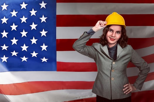 Asian people wearing yellow helmet. Labor day concept