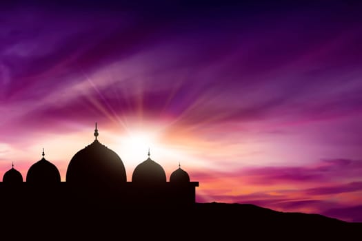 Silhouette mosque picture and twilight background.you can put your design to make giftcards