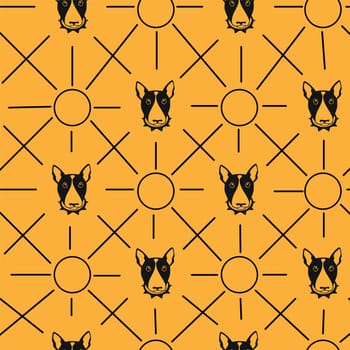 Happy dog bull terrier vector background. Seamless pattern. Endless dog texture with colorful circles