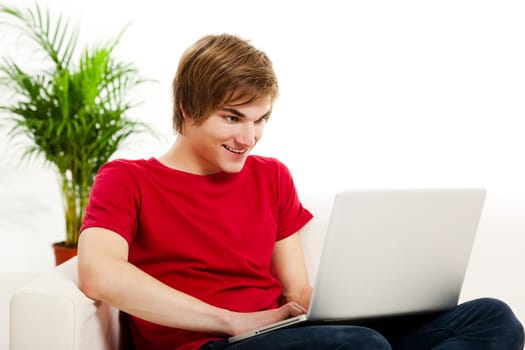 Handsome young man at home sitting on the couch and working on the laptop