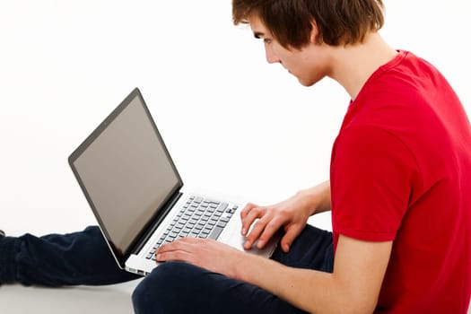 Handsome young man at home sitting on the couch and working on the laptop