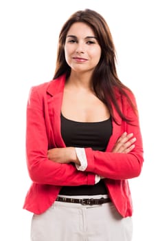 Business woman holding a shalk board on the hands, isolated over a white background (with copy space for designers)