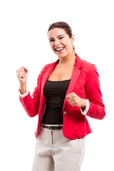 Business woman holding a shalk board on the hands, isolated over a white background (with copy space for designers)