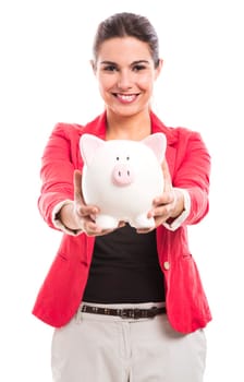 Business woman holding a piggy bank on the hands, isolated over a white background