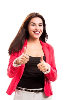 Business woman holding a shalk board on the hands, isolated over a white background (with copy space for designers)