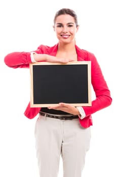 Business woman holding a shalk board on the hands, isolated over a white background (with copy space for designers)