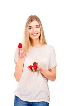 Beautiful blonde woman holding leeks and fighting with them