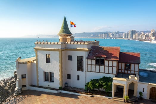 View of Wulff Castle overlooking the Pacific Ocean in Vina del Mar, Chile
