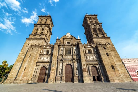 Wide angle view of the cathedral in Puebla, Mexico