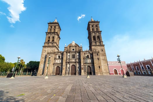 Plaza and front view of the cathedral in the colonial center of Puebla, Mexico