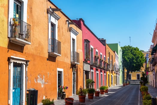 Beautiful colorful colonial street in the historic center of Puebla, Mexico